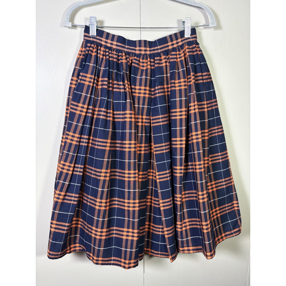 Unique Vintage Navy Orange Plaid Swing Skirt S 4 Retro Midi Preppy Academia